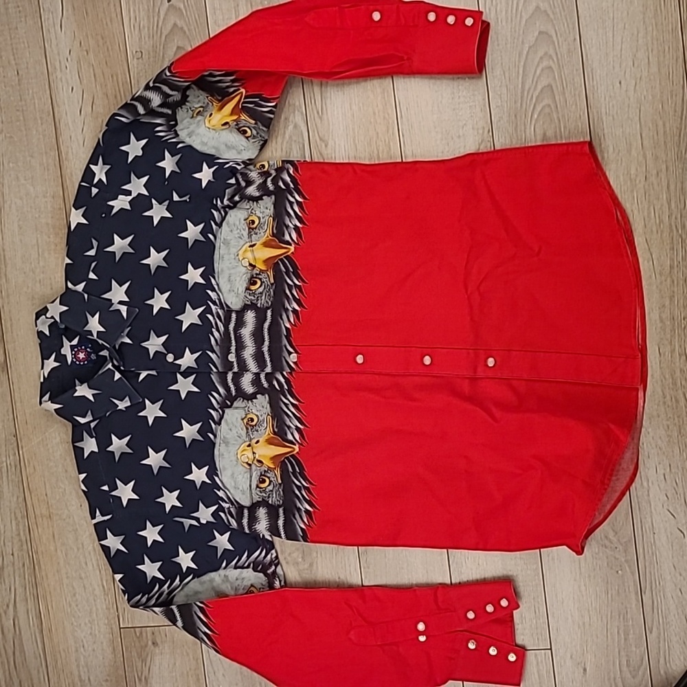 PANHANDLE SLIM Patriotic Eagle Abstract Red Blue Cotton M Snap Western Shirt VTG